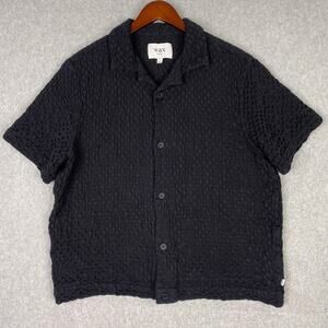 Wax London Shirt Mens L Black Lido Boxy Dobby Weave Short Sleeve Camp Collar